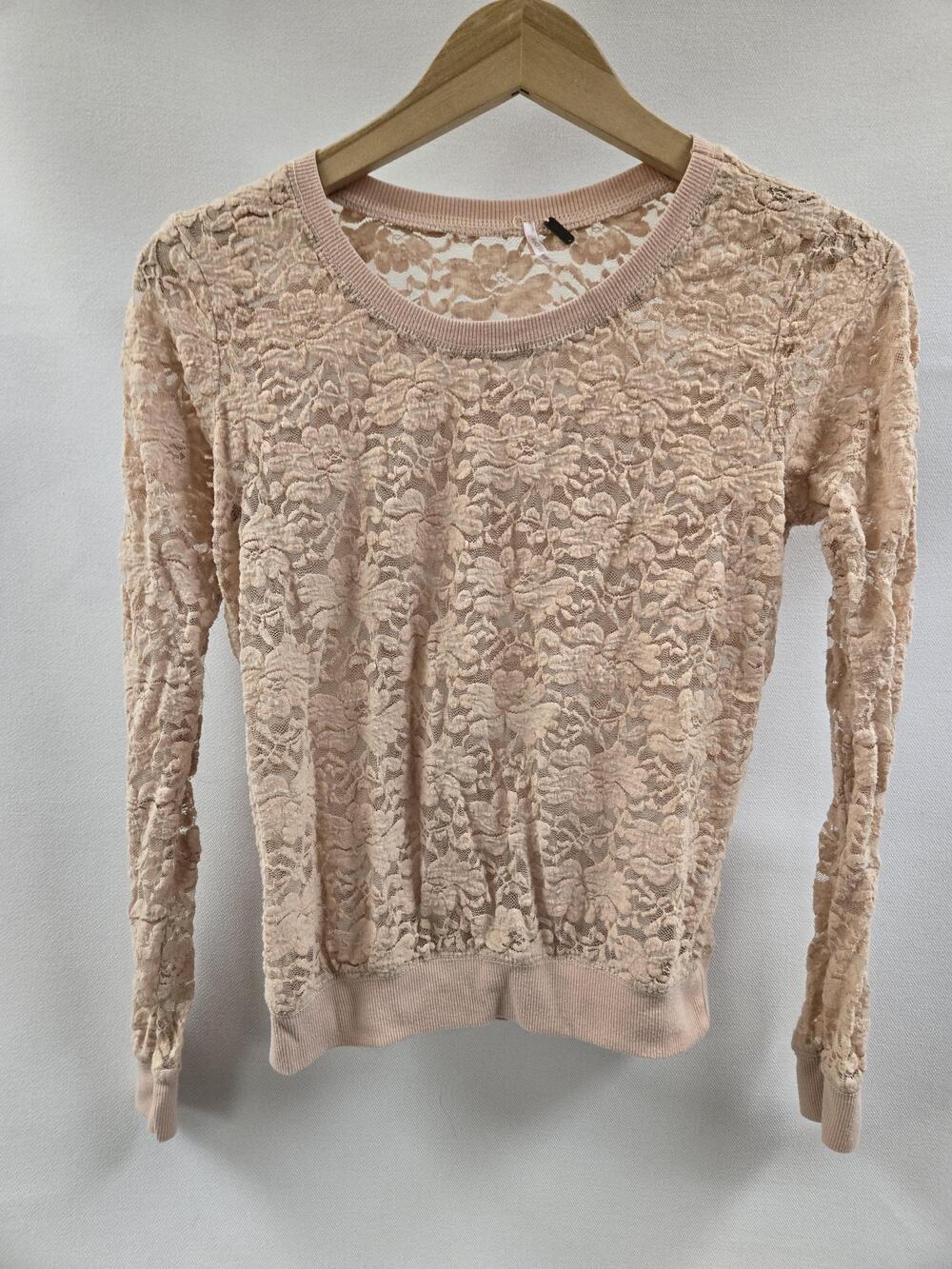Poof! Sweater Womens Large Blush Pink Lace Sheer Floral Long Sleeve Crewneck